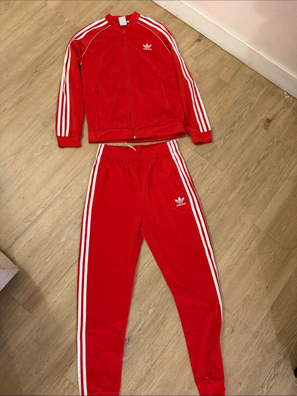 adidas Kids Red Track Jacket & Joggers with White Stripes